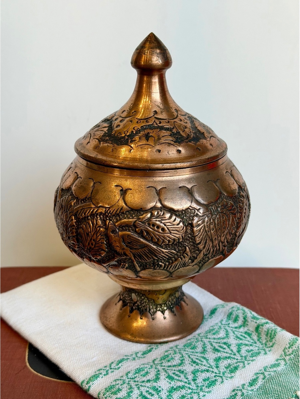 Vintage Embossed Copper Brass Lidded Pedestal Bowl Bird Peacock Floral Decor